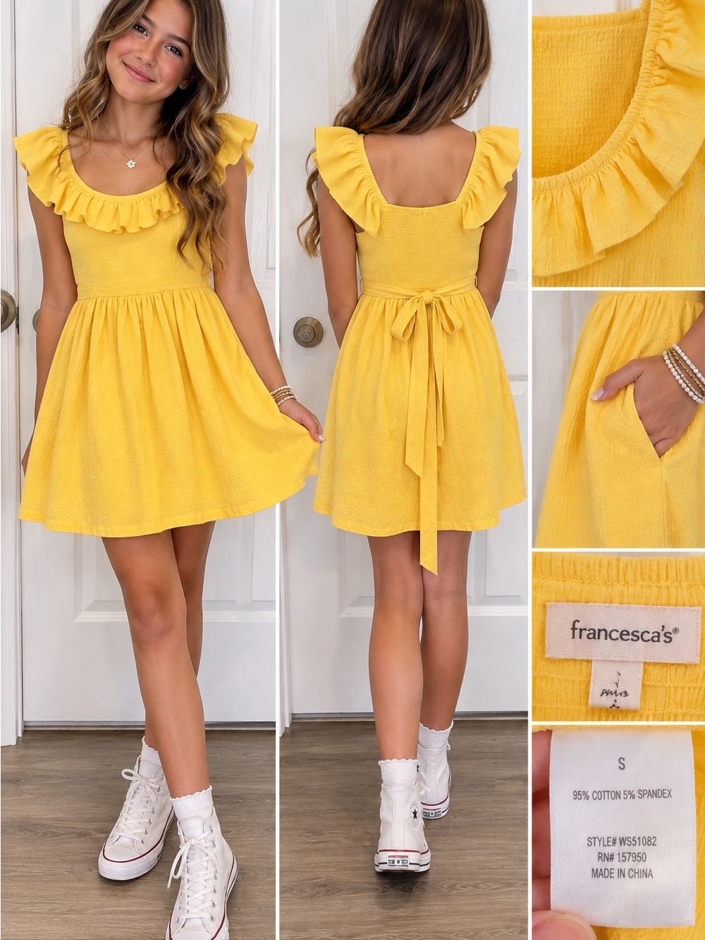 NWT Francesca's Cotton Blend Bright Yellow Ruffle-Trim Juniors S Dress